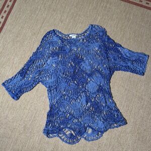 Laseine Blue Open Knit Blouse Top Boho Chic See Through Layering Piece S/M